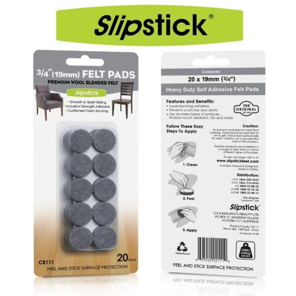 CB111 Slipstick Felt Floor Protectors 19mm Round Colour Grey FB